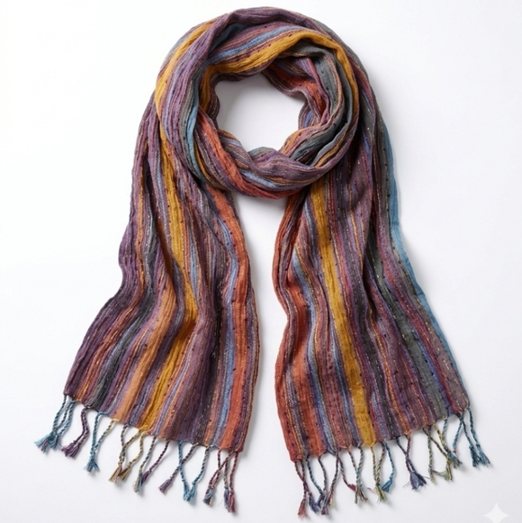 Anu Accessories - ANU Boho Metallic Striped 100% Cotton Fringe Scarf 72"x18"